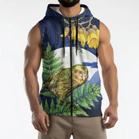 Kakapo New Zealand Personalised Sleeveless Zip Hoodie Kowhai Flower Silver Fern Maori Pattern LT22 - Polynesian Pride