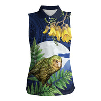 Kakapo New Zealand Personalised Women Sleeveless Polo Shirt Kowhai Flower Silver Fern Maori Pattern