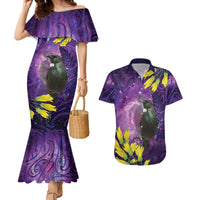 New Zealand Tui Bird Matariki Couples Matching Mermaid Dress and Hawaiian Shirt Kowhai Flower Silver Fern Galaxy Maori Pattern LT22 Purple - Polynesian Pride