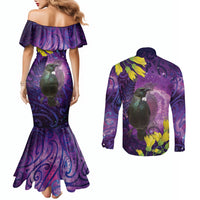 New Zealand Tui Bird Matariki Couples Matching Mermaid Dress and Long Sleeve Button Shirt Kowhai Flower Silver Fern Galaxy Maori Pattern