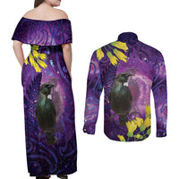 New Zealand Tui Bird Matariki Couples Matching Off Shoulder Maxi Dress and Long Sleeve Button Shirt Kowhai Flower Silver Fern Galaxy Maori Pattern