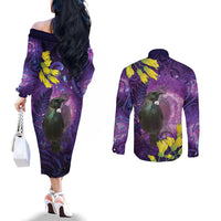 New Zealand Tui Bird Matariki Couples Matching Off The Shoulder Long Sleeve Dress and Long Sleeve Button Shirt Kowhai Flower Silver Fern Galaxy Maori Pattern