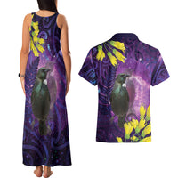 New Zealand Tui Bird Matariki Couples Matching Tank Maxi Dress and Hawaiian Shirt Kowhai Flower Silver Fern Galaxy Maori Pattern