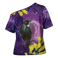 New Zealand Tui Bird Matariki Cross Shoulder Shirt Kowhai Flower Silver Fern Galaxy Maori Pattern