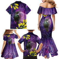 New Zealand Tui Bird Matariki Family Matching Mermaid Dress and Hawaiian Shirt Kowhai Flower Silver Fern Galaxy Maori Pattern