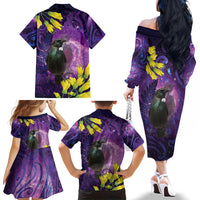 New Zealand Tui Bird Matariki Family Matching Off The Shoulder Long Sleeve Dress and Hawaiian Shirt Kowhai Flower Silver Fern Galaxy Maori Pattern