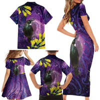 New Zealand Tui Bird Matariki Family Matching Short Sleeve Bodycon Dress and Hawaiian Shirt Kowhai Flower Silver Fern Galaxy Maori Pattern
