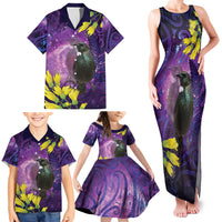 New Zealand Tui Bird Matariki Family Matching Tank Maxi Dress and Hawaiian Shirt Kowhai Flower Silver Fern Galaxy Maori Pattern