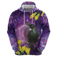 New Zealand Tui Bird Matariki Hoodie Kowhai Flower Silver Fern Galaxy Maori Pattern
