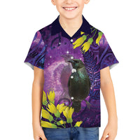 New Zealand Tui Bird Matariki Kid Hawaiian Shirt Kowhai Flower Silver Fern Galaxy Maori Pattern