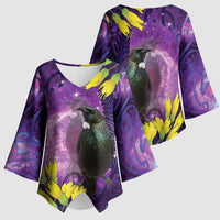 New Zealand Tui Bird Matariki Kimono Sleeve Blouse Kowhai Flower Silver Fern Galaxy Maori Pattern