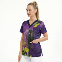 New Zealand Tui Bird Matariki Scrub Top Kowhai Flower Silver Fern Galaxy Maori Pattern LT22 - Polynesian Pride