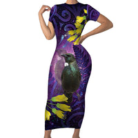 New Zealand Tui Bird Matariki Short Sleeve Bodycon Dress Kowhai Flower Silver Fern Galaxy Maori Pattern