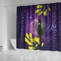 New Zealand Tui Bird Matariki Shower Curtain Kowhai Flower Silver Fern Galaxy Maori Pattern
