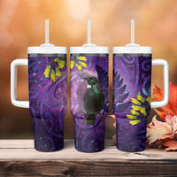 New Zealand Tui Bird Matariki Tumbler With Handle Kowhai Flower Silver Fern Galaxy Maori Pattern