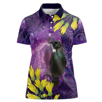 New Zealand Tui Bird Matariki Women Polo Shirt Kowhai Flower Silver Fern Galaxy Maori Pattern