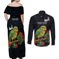 New Zealand Kakapo Matariki Personalised Couples Matching Off Shoulder Maxi Dress and Long Sleeve Button Shirt Pohutukawa Flower Galaxy Maori Pattern
