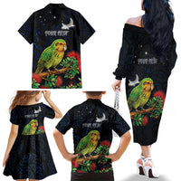 New Zealand Kakapo Matariki Personalised Family Matching Off The Shoulder Long Sleeve Dress and Hawaiian Shirt Pohutukawa Flower Galaxy Maori Pattern LT22 - Polynesian Pride