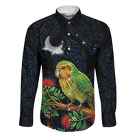 New Zealand Kakapo Matariki Personalised Family Matching Off The Shoulder Long Sleeve Dress and Hawaiian Shirt Pohutukawa Flower Galaxy Maori Pattern LT22 Dad's Shirt - Long Sleeve Black - Polynesian Pride