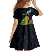 New Zealand Kakapo Matariki Personalised Kid Short Sleeve Dress Pohutukawa Flower Galaxy Maori Pattern
