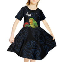 New Zealand Kakapo Matariki Personalised Kid Short Sleeve Dress Pohutukawa Flower Galaxy Maori Pattern