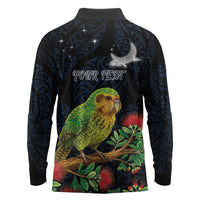New Zealand Kakapo Matariki Personalised Long Sleeve Polo Shirt Pohutukawa Flower Galaxy Maori Pattern LT22 - Polynesian Pride