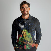 New Zealand Kakapo Matariki Personalised Long Sleeve Polo Shirt Pohutukawa Flower Galaxy Maori Pattern LT22 - Polynesian Pride