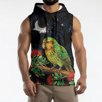 New Zealand Kakapo Matariki Personalised Sleeveless Hoodie Pohutukawa Flower Galaxy Maori Pattern LT22 - Polynesian Pride