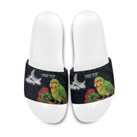 New Zealand Kakapo Matariki Personalised Slide Sandals Pohutukawa Flower Galaxy Maori Pattern