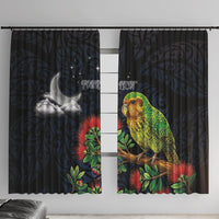 New Zealand Kakapo Matariki Personalised Window Curtain Pohutukawa Flower Galaxy Maori Pattern LT22 With Hooks Black - Polynesian Pride