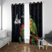 New Zealand Kakapo Matariki Personalised Window Curtain Pohutukawa Flower Galaxy Maori Pattern LT22 With Grommets Black - Polynesian Pride