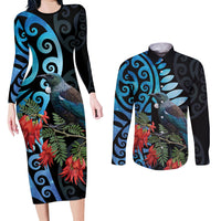 Tui Bird Kakabeak New Zealand Couples Matching Long Sleeve Bodycon Dress and Long Sleeve Button Shirt Clianthus Galaxy Maori Koru Pattern
