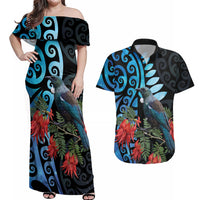 Tui Bird Kakabeak New Zealand Couples Matching Off Shoulder Maxi Dress and Hawaiian Shirt Clianthus Galaxy Maori Koru Pattern