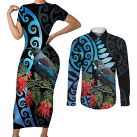 Tui Bird Kakabeak New Zealand Couples Matching Short Sleeve Bodycon Dress and Long Sleeve Button Shirt Clianthus Galaxy Maori Koru Pattern