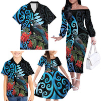 Tui Bird Kakabeak New Zealand Family Matching Off The Shoulder Long Sleeve Dress and Hawaiian Shirt Clianthus Galaxy Maori Koru Pattern