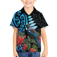 Tui Bird Kakabeak New Zealand Family Matching Off The Shoulder Long Sleeve Dress and Hawaiian Shirt Clianthus Galaxy Maori Koru Pattern
