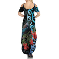 Tui Bird Kakabeak New Zealand Family Matching Summer Maxi Dress and Hawaiian Shirt Clianthus Galaxy Maori Koru Pattern