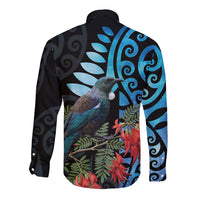 Tui Bird Kakabeak New Zealand Long Sleeve Button Shirt Clianthus Galaxy Maori Koru Pattern
