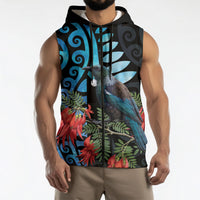 Tui Bird Kakabeak New Zealand Sleeveless Zip Hoodie Clianthus Galaxy Maori Koru Pattern