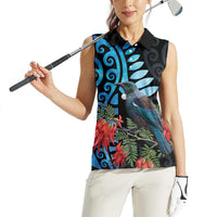 Tui Bird Kakabeak New Zealand Women Sleeveless Polo Shirt Clianthus Galaxy Maori Koru Pattern