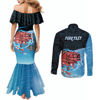 Personalised Snapper Fishing New Zealand Couples Matching Mermaid Dress and Long Sleeve Button Shirt Tamure Fish Hook Maori Pattern