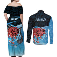 Personalised Snapper Fishing New Zealand Couples Matching Off Shoulder Maxi Dress and Long Sleeve Button Shirt Tamure Fish Hook Maori Pattern