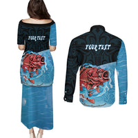 Personalised Snapper Fishing New Zealand Couples Matching Puletasi and Long Sleeve Button Shirt Tamure Fish Hook Maori Pattern
