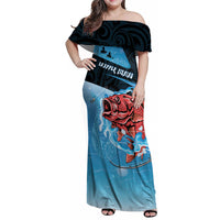 Personalised Snapper Fishing New Zealand Family Matching Off Shoulder Maxi Dress and Hawaiian Shirt Tamure Fish Hook Maori Pattern