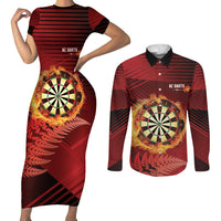 Personalised Darts New Zealand Couples Matching Short Sleeve Bodycon Dress and Long Sleeve Button Shirt Silver Fern Red Color