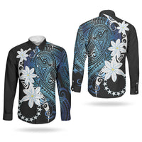 Cook Islands Maori Language Week Couples Matching Long Sleeve Bodycon Dress and Long Sleeve Button Shirt Tiare Maori Kuki Airani Blue Pattern LT22 - Polynesian Pride