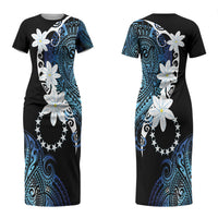 Cook Islands Maori Language Week Couples Matching Short Sleeve Bodycon Dress and Hawaiian Shirt Tiare Maori Kuki Airani Blue Pattern LT22 - Polynesian Pride