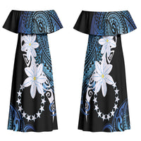 Cook Islands Maori Language Week Family Matching Off Shoulder Maxi Dress and Hawaiian Shirt Tiare Maori Kuki Airani Blue Pattern LT22 Mom's Dress Blue - Polynesian Pride