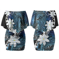 Cook Islands Maori Language Week Family Matching Off Shoulder Short Dress and Hawaiian Shirt Tiare Maori Kuki Airani Blue Pattern LT22 Mom's Dress Blue - Polynesian Pride