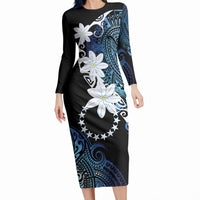 Cook Islands Maori Language Week Long Sleeve Bodycon Dress Tiare Maori Kuki Airani Blue Pattern